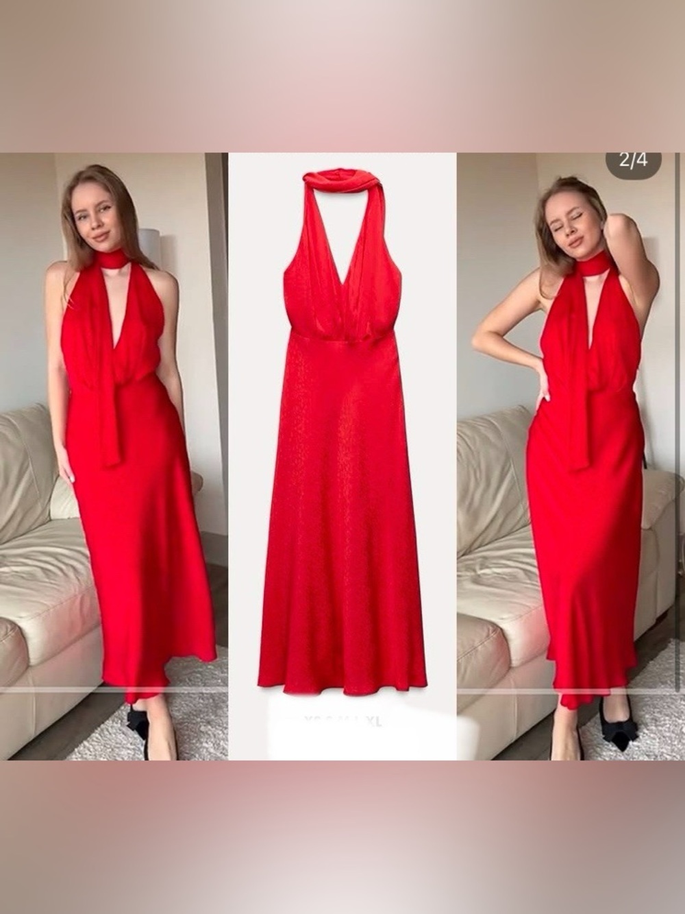 Zara floral jacquard v-neck halter red long dress with tie sz.S - Picture 2 of 16